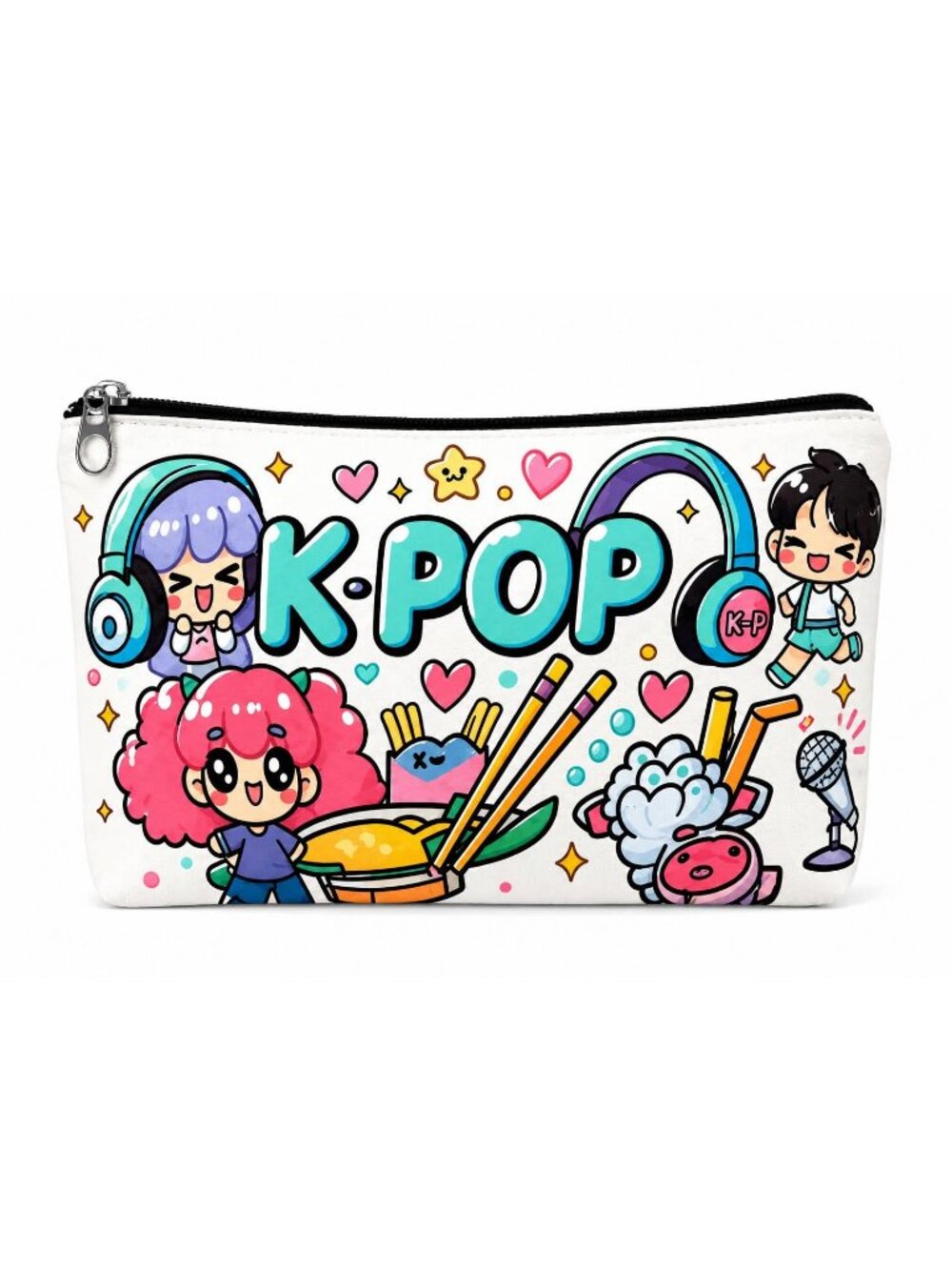 K-Pop cosmetic bag featuring colorful kawaii-style characters